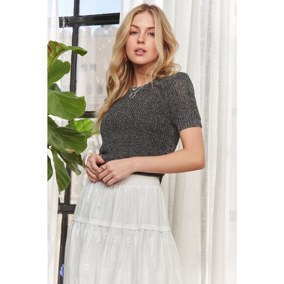 ADORA Lightweight Round Neck Short Sleeves Rib Knit Casual Crop Sweater | Grey - Picture 3 of 8